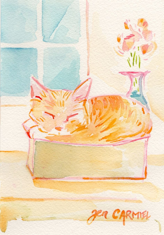 Kitty in a Box - 5x7'' Original Watercolor