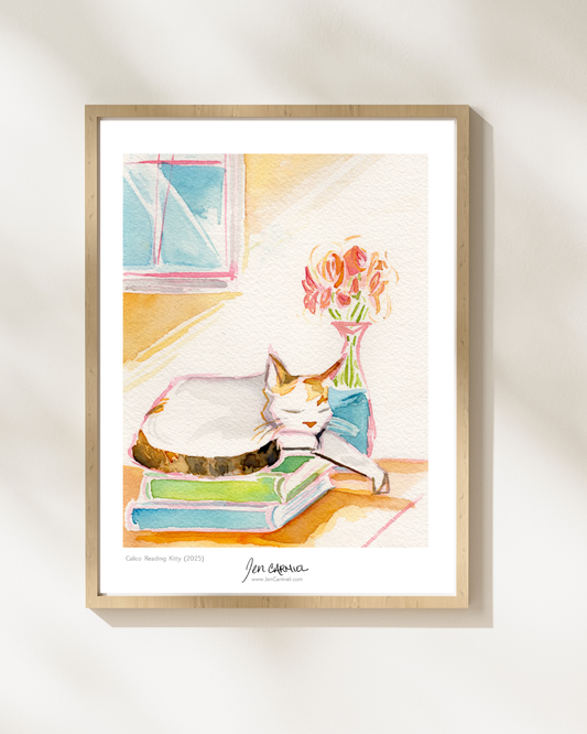 Calico Reading Kitty Art Print