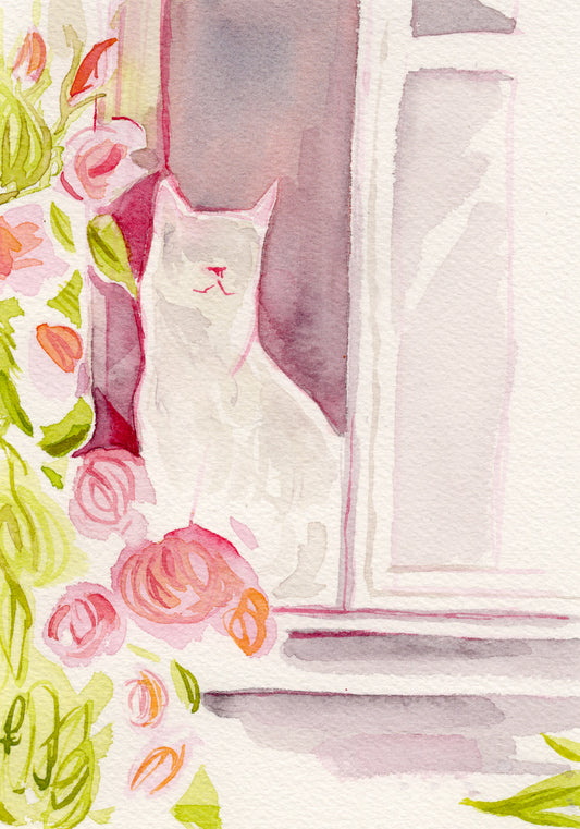 White Kitty with Roses 5x7'' Original Watercolor