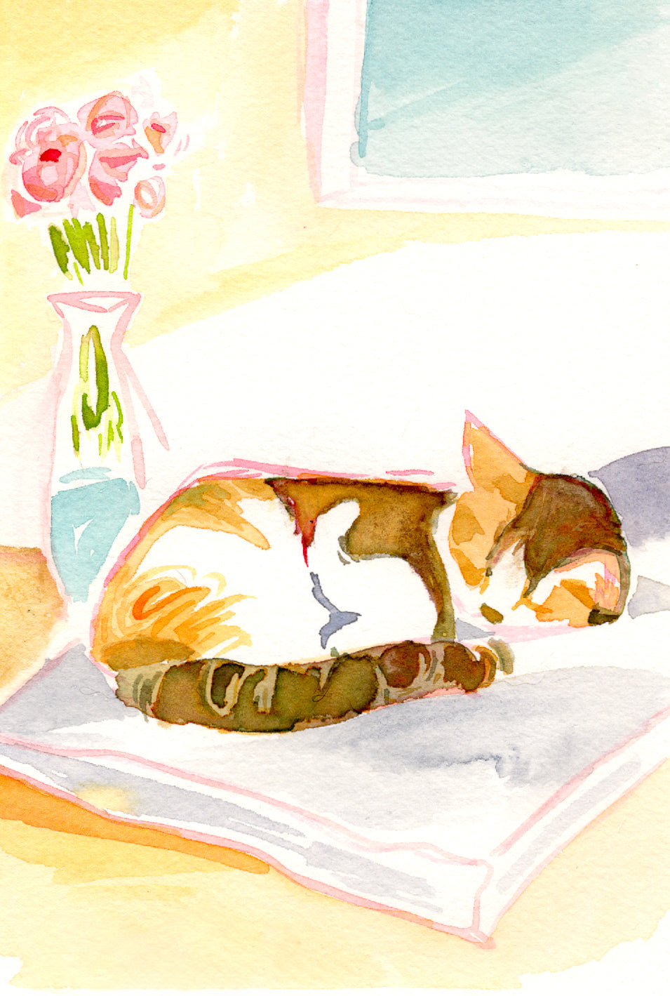 Calico Sleepy Kitty 5x7'' Original Watercolor