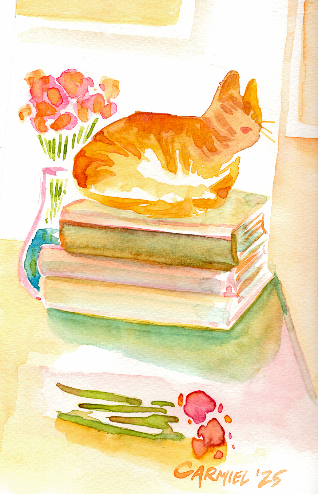 Reading Kitty II 6x9'' Original Watercolor