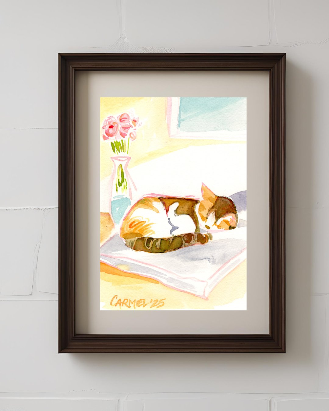 Calico Sleepy Kitty 5x7'' Original Watercolor