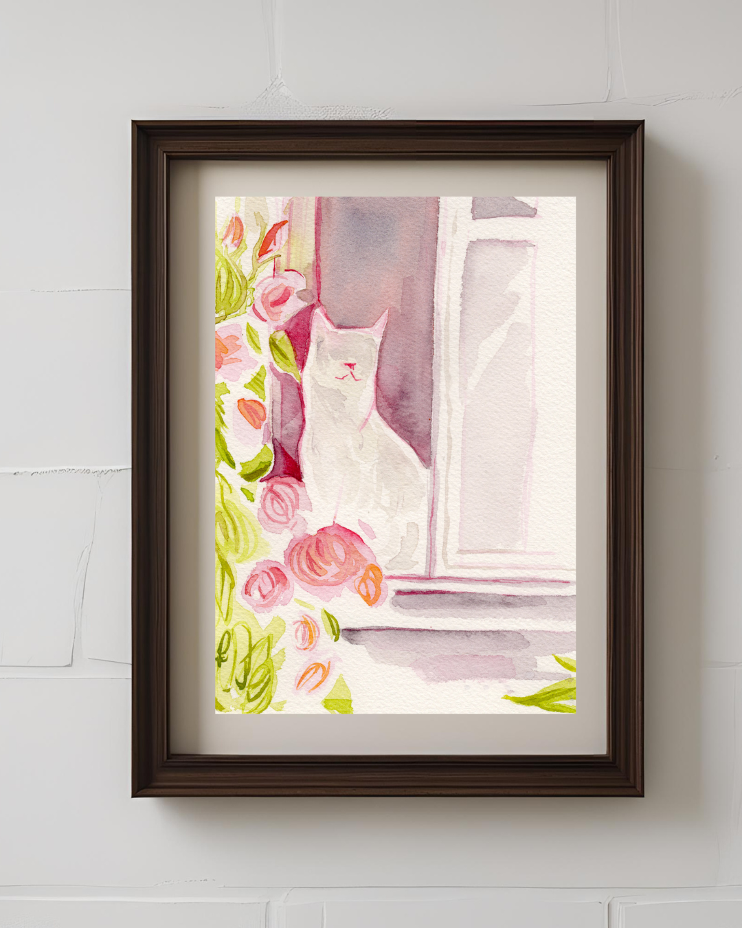 White Kitty with Roses 5x7'' Original Watercolor