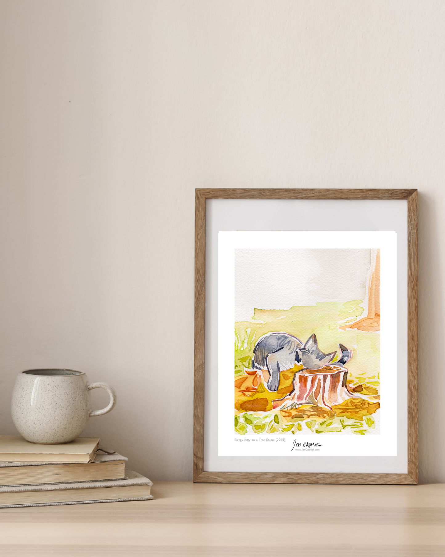 Sleepy Kitty on a Tree Stump Art Print
