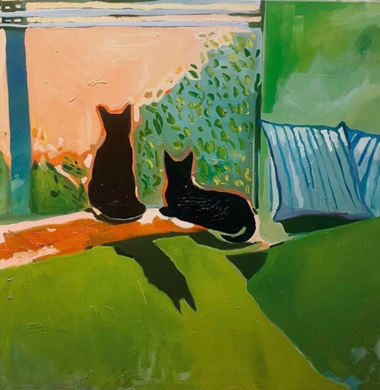 Green oil canvas painting of cats and nature by Jen Carmiel