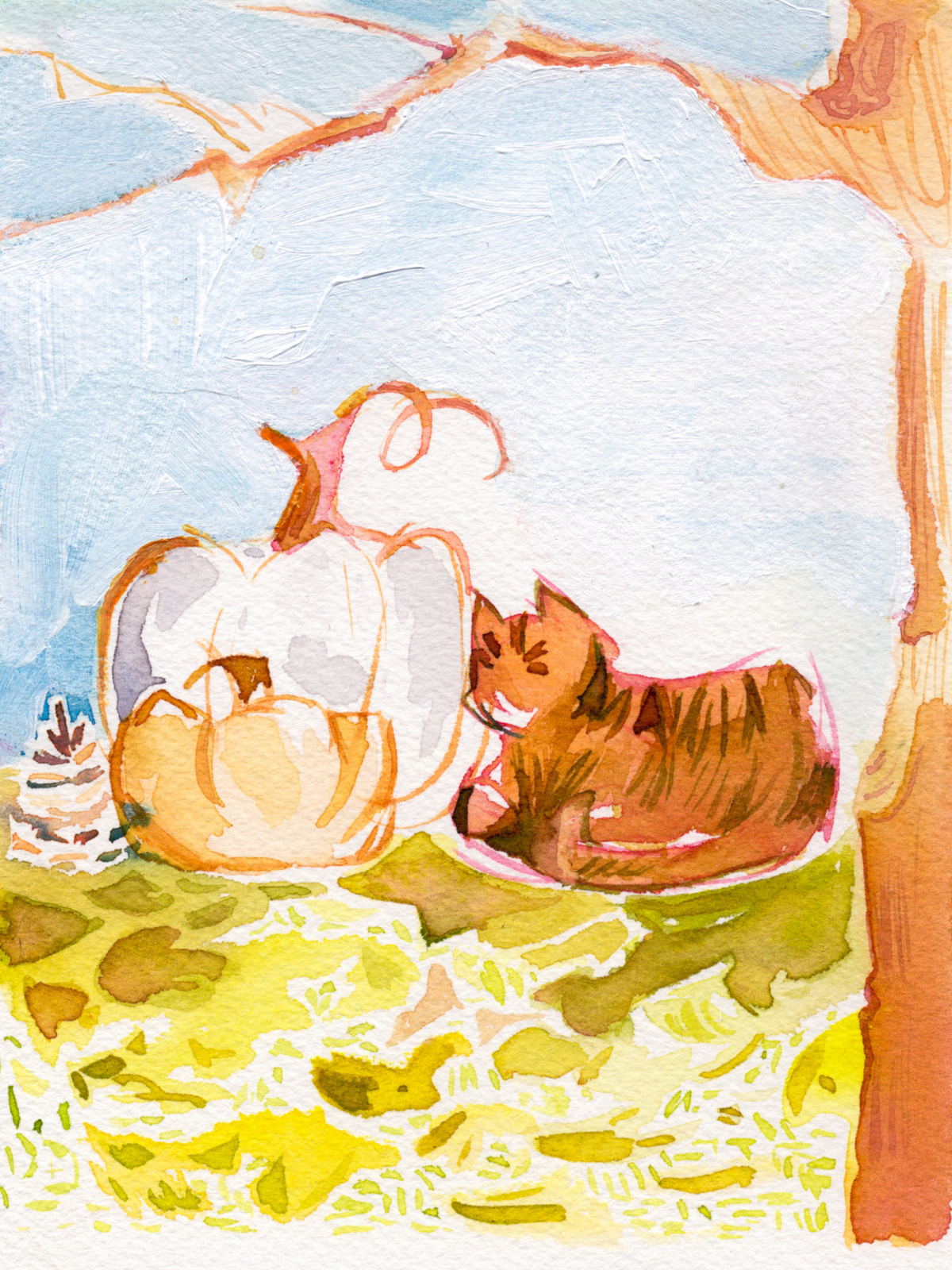 Pumpkin Tabby Kitty 5x7'' Original Watercolor