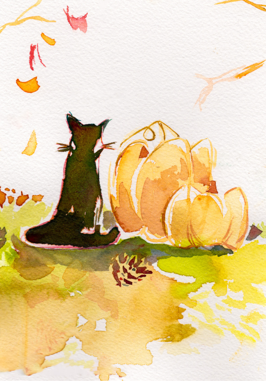 Black Kitty with Pumpkins 5x7'' Original Watercolor