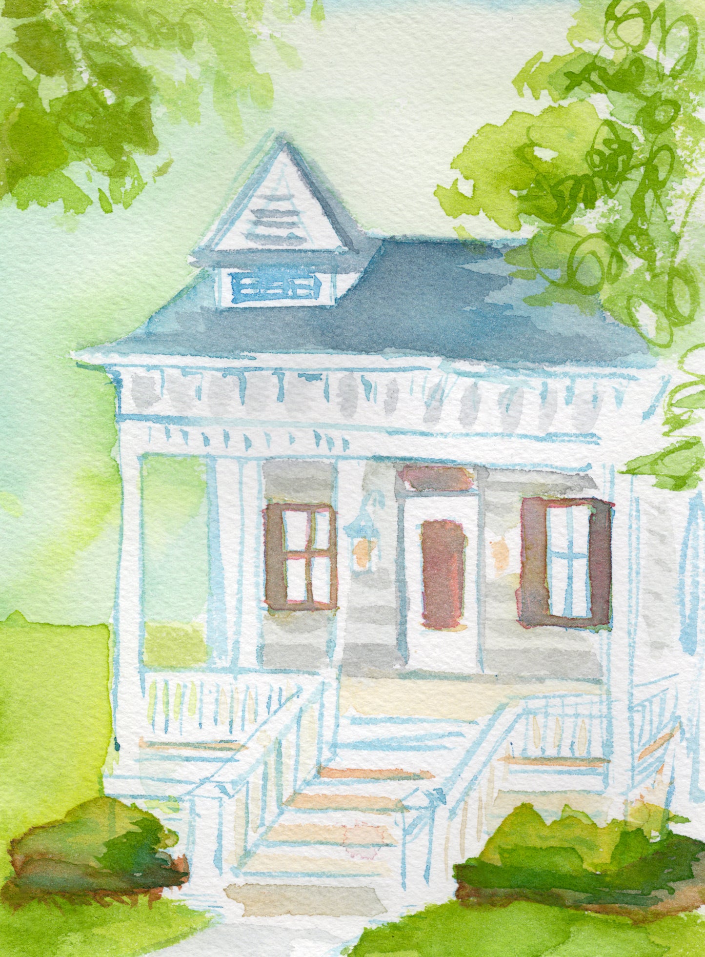 Little Blue House 5x7'' Original Watercolor