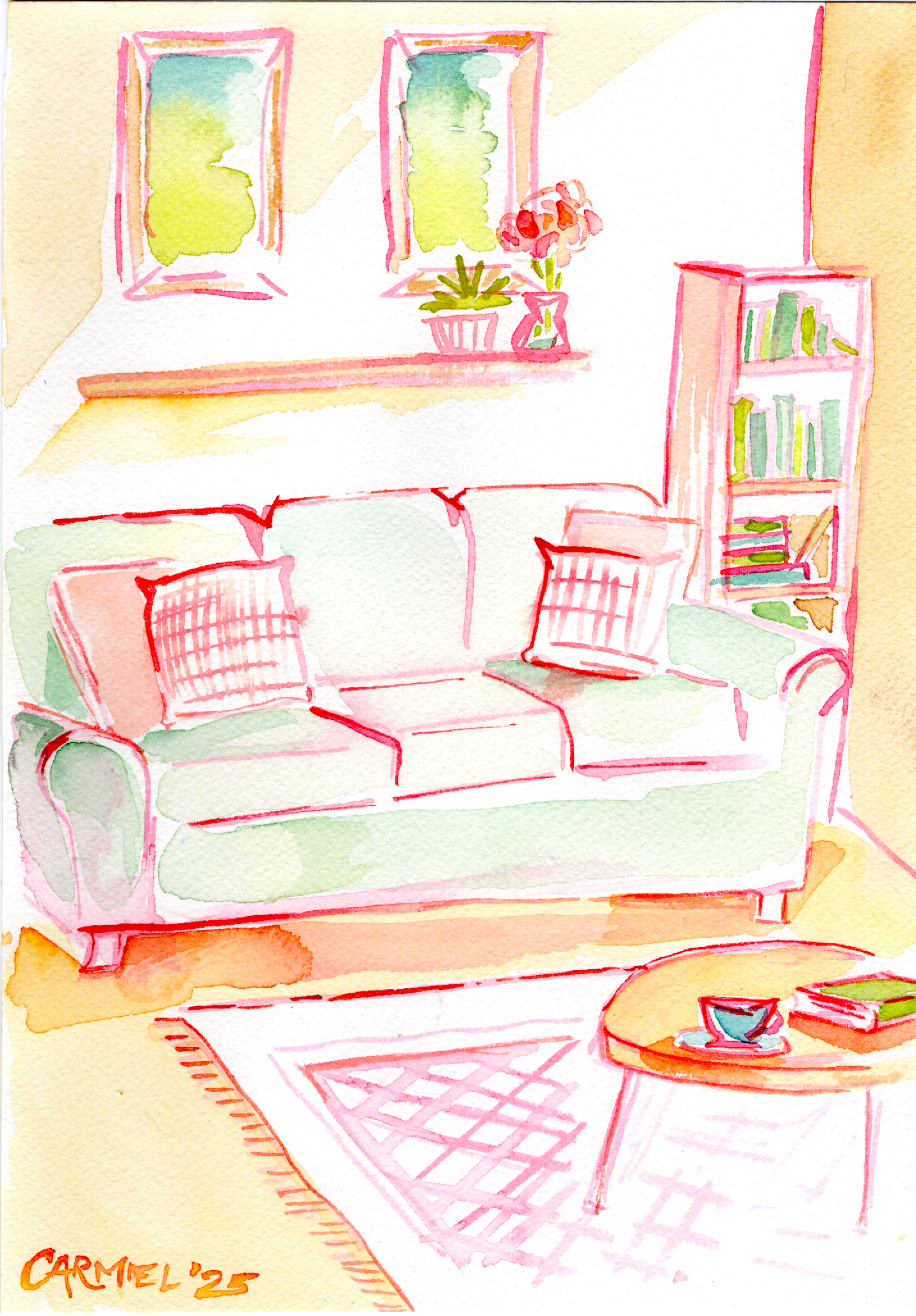 Cozy Interior 7x10'' Original Watercolor with 9x12'' Suede Blue Mat