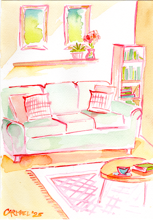 Cozy Interior 7x10'' Original Watercolor with 9x12'' Suede Blue Mat