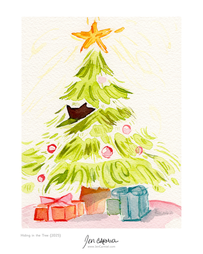 Kitty in the Christmas Tree 5x6.5'' Original Watercolor