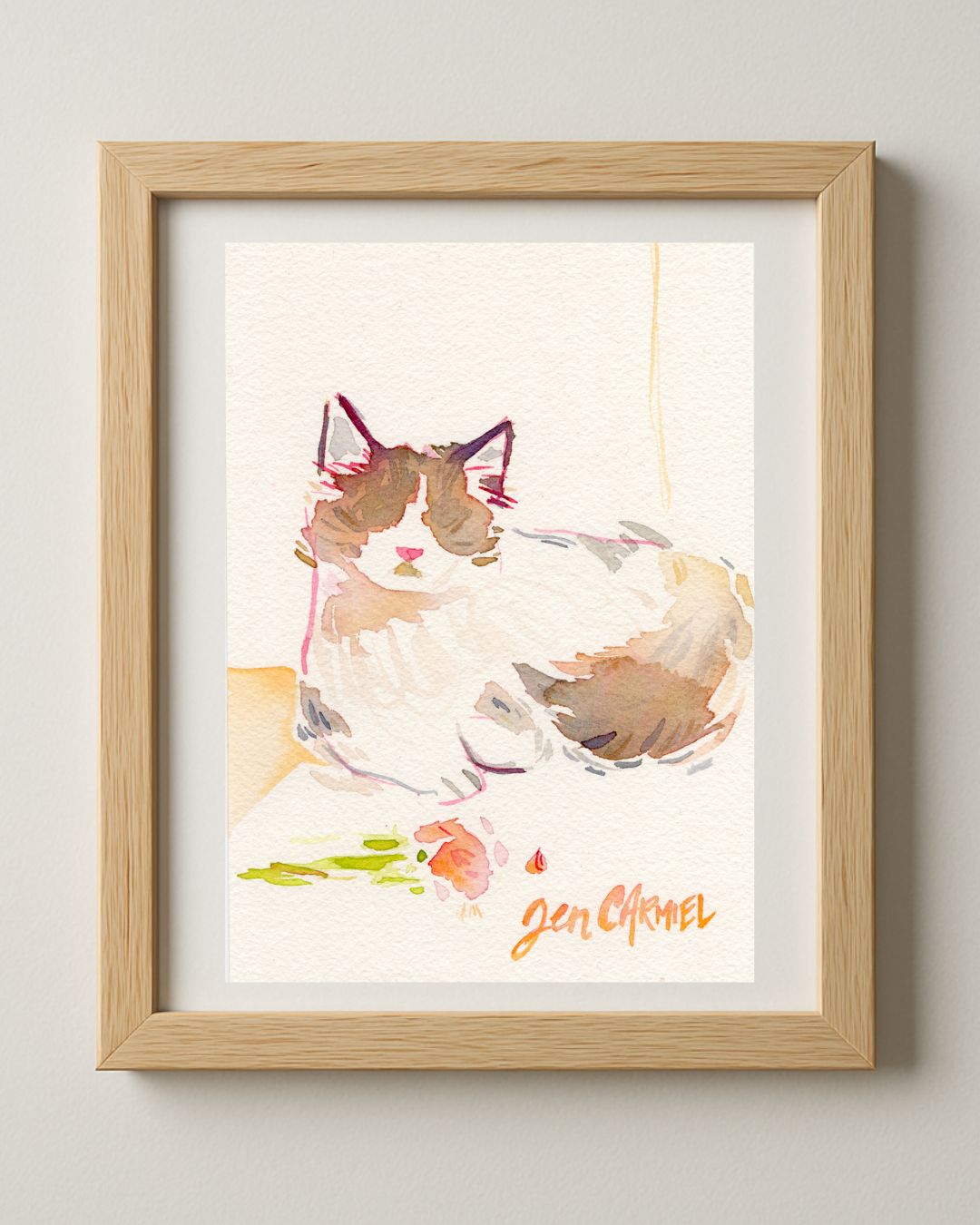 Long Hair Kitty with Rose - 5x7'' Original Watercolor