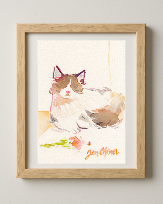 Long Hair Kitty with Rose - 5x7'' Original Watercolor