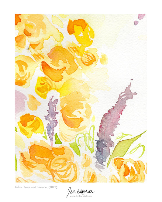 Yellow Roses and Lavender Art Print