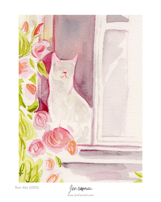 White Kitty with Roses Art Print