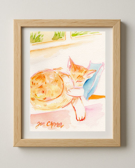 Sleepy Orange Kitty - 5x7'' Original Watercolor