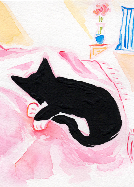 Comfy Black Kitty - 5x7'' Original Watercolor