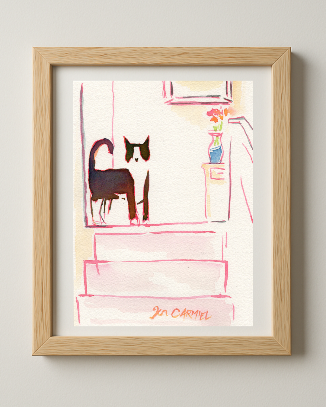 Tuxedo Cat by the Stairs - 5x7'' Original Watercolor