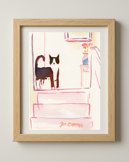 Tuxedo Cat by the Stairs - 5x7'' Original Watercolor