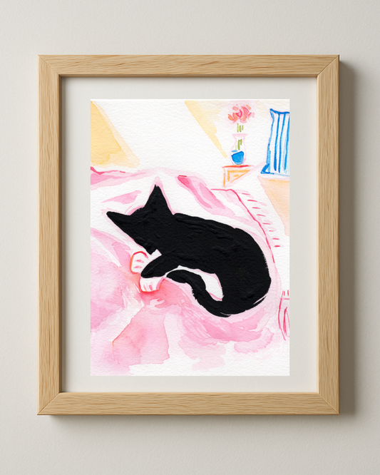 Comfy Black Kitty - 5x7'' Original Watercolor