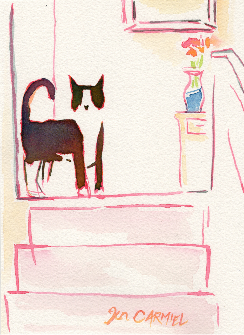 Tuxedo Cat by the Stairs - 5x7'' Original Watercolor