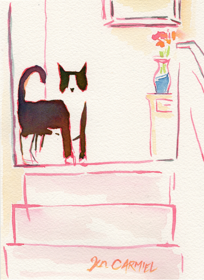 Tuxedo Cat by the Stairs - 5x7'' Original Watercolor