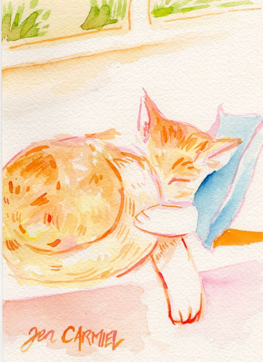 Sleepy Orange Kitty - 5x7'' Original Watercolor
