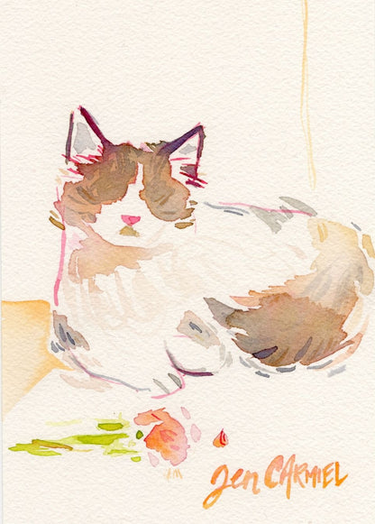 Long Hair Kitty with Rose - 5x7'' Original Watercolor