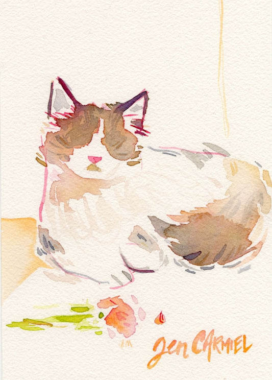 Long Hair Kitty with Rose - 5x7'' Original Watercolor