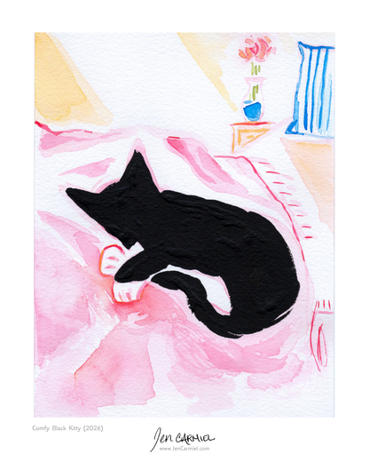 Comfy Black Kitty Art Print - (Limited Edition of 50)