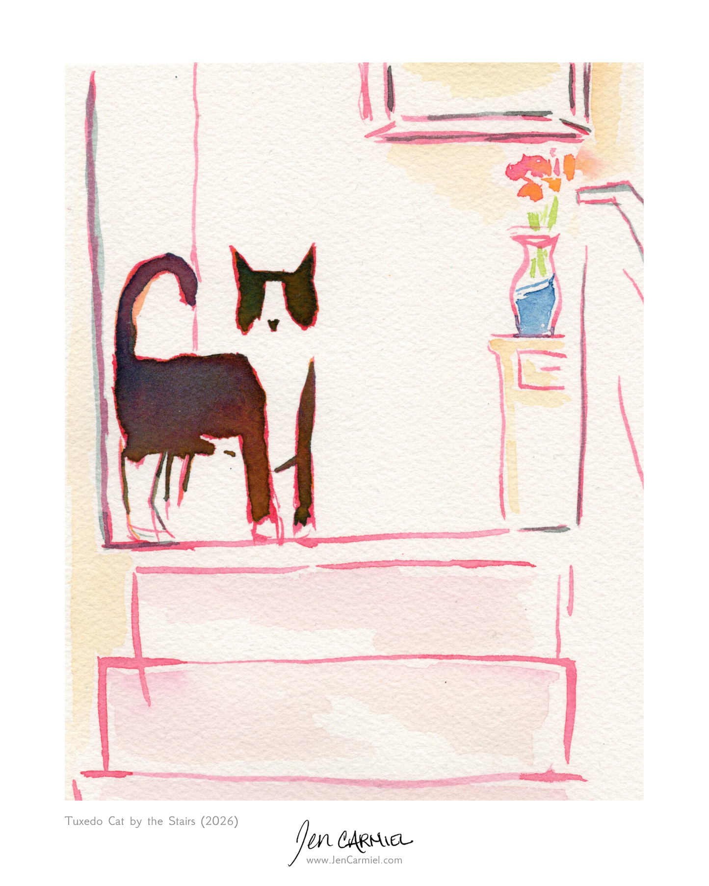 Tuxedo Cat by the Stairs Art Print - (Limited Edition of 20)