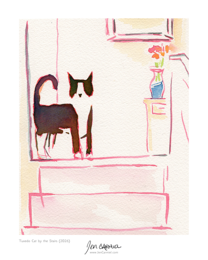 Tuxedo Cat by the Stairs Art Print - (Limited Edition of 20)