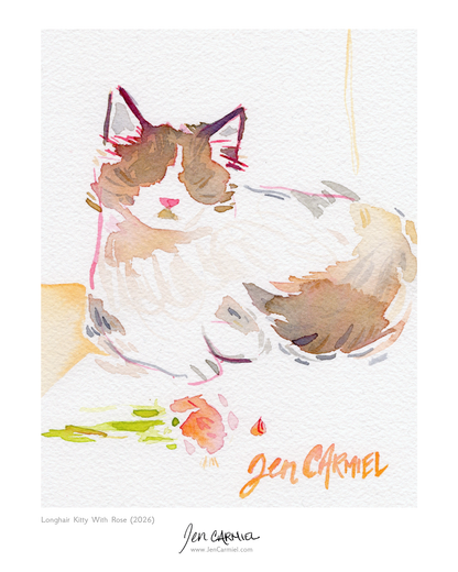 Longhair Kitty with Rose Art Print - (Limited Edition of 20)