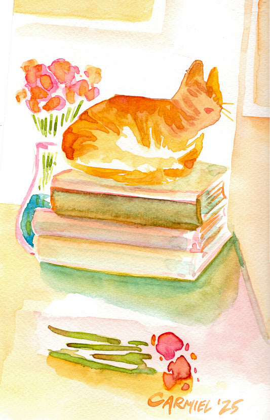 Reading Kitty II 6x9'' Original Watercolor