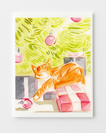 Orange cat sitting under the Christmas Tree Watercolor Greeting Card Set from a Small Business
