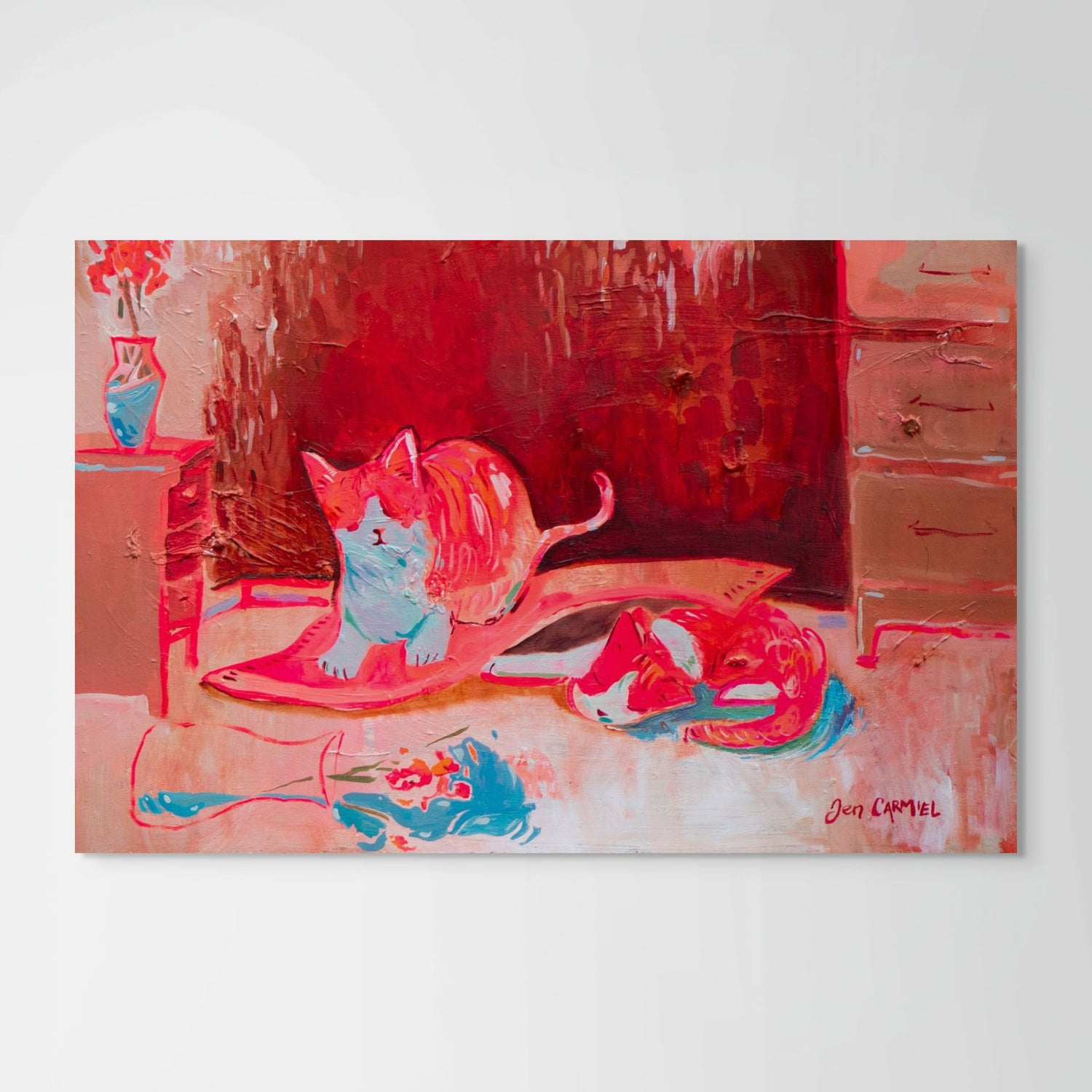 Original pink canvas painting of two cats