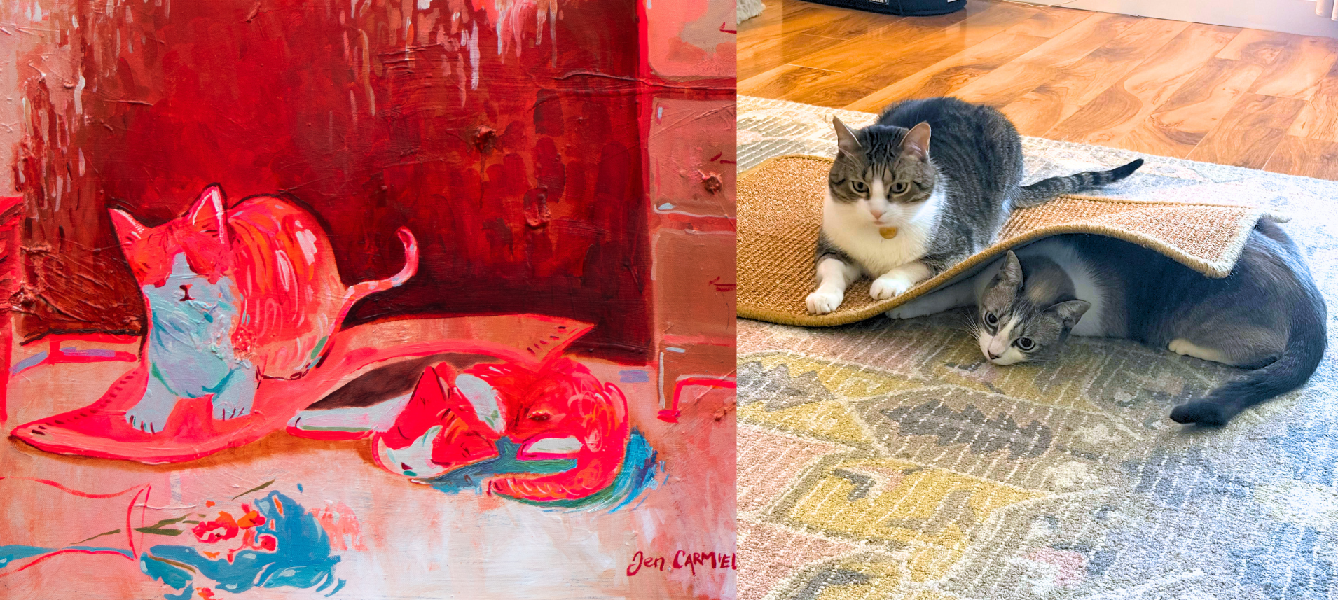 An oil painting next to a photo of two cats playing under a rug.