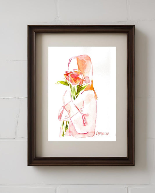 Pink Valentine Girl 9x12'' Original Watercolor