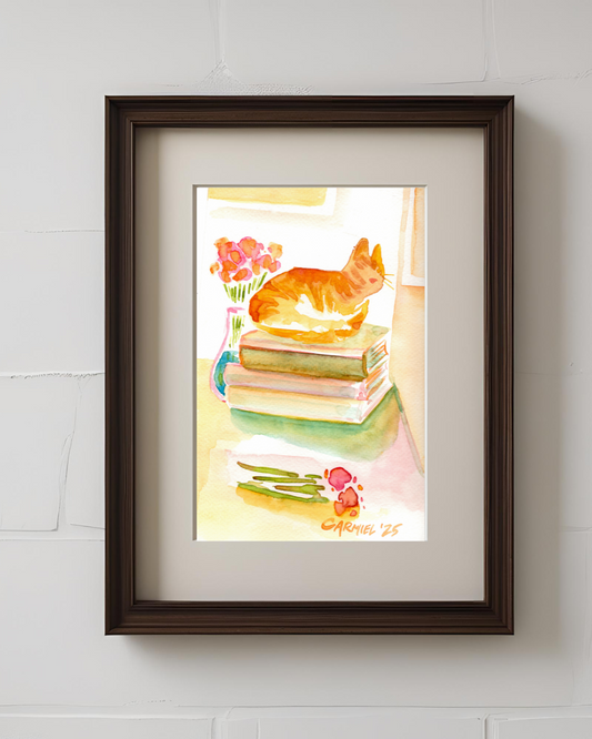 Reading Kitty II 6x9'' Original Watercolor
