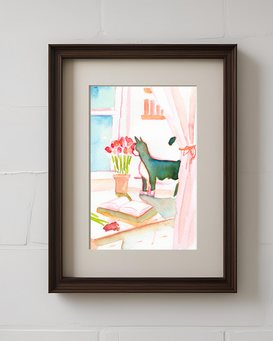 Reading Kitty 6x9'' Original Watercolor
