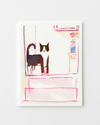 Tuxedo Kitty by the Stairs Greeting Card