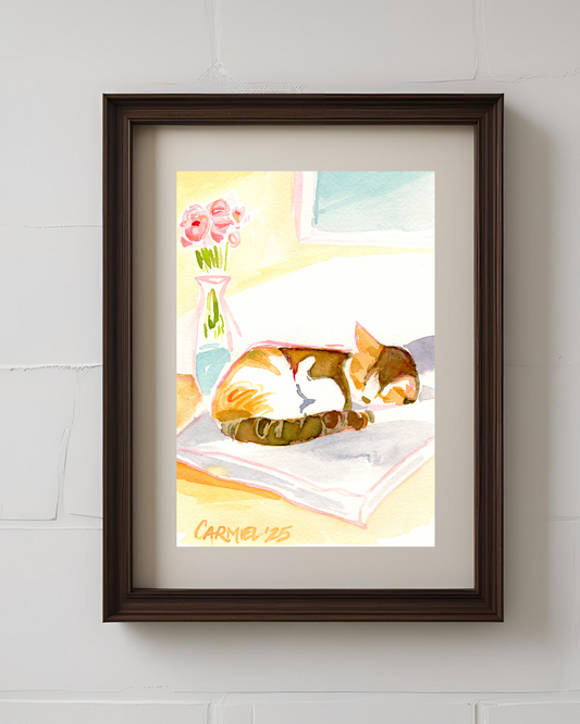 Calico Sleepy Kitty 5x7'' Original Watercolor