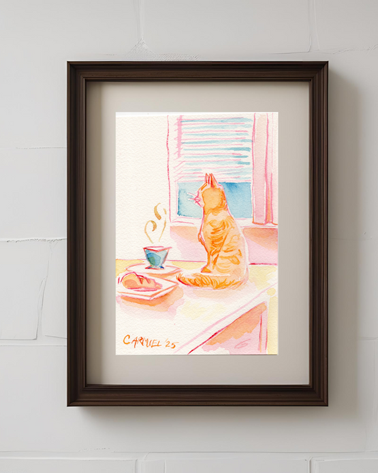 Coffee Kitty 5x7'' Original Watercolor