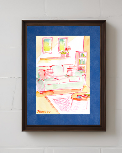 Cozy Interior 7x10'' Original Watercolor with 9x12'' Suede Blue Mat