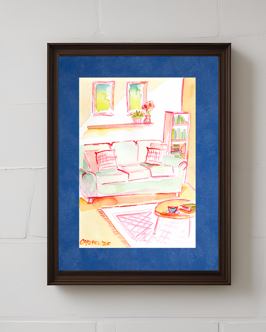 Cozy Interior 7x10'' Original Watercolor with 9x12'' Suede Blue Mat