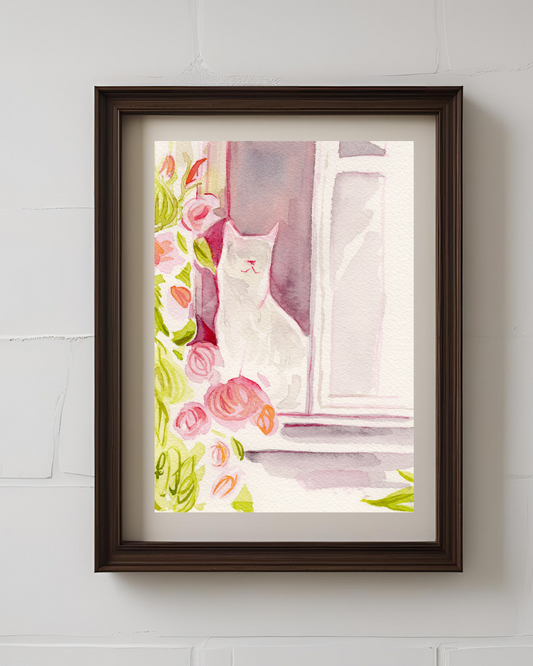 White Kitty with Roses 5x7'' Original Watercolor