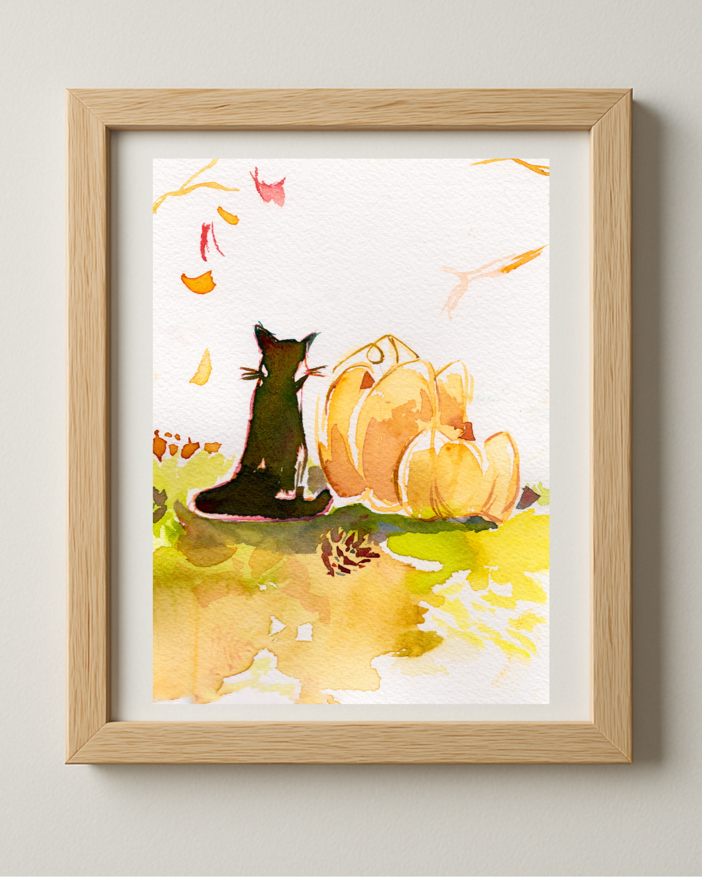 Black Kitty with Pumpkins 5x7'' Original Watercolor