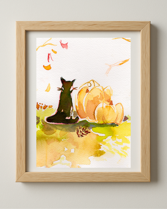 Black Kitty with Pumpkins 5x7'' Original Watercolor