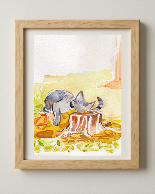 Sleepy Kitty on a Tree Stump 5x7'' Original Watercolor