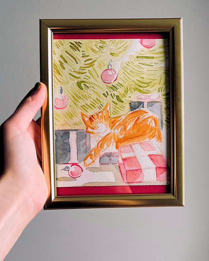 Orange Kitty Christmas 5x6.5'' Original Watercolor
